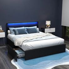 Modern queen bed frame with LED headboard, storage drawers, and minimalist bedroom decor