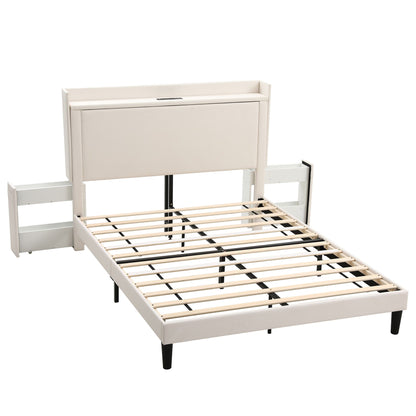 Queen bed frame with two-tier slide-out side storage shelves