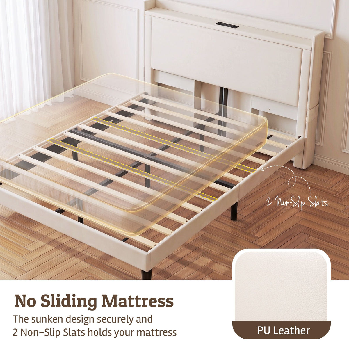Metal framework with 12 wooden support slats on an Artiss KORIN queen bed frame