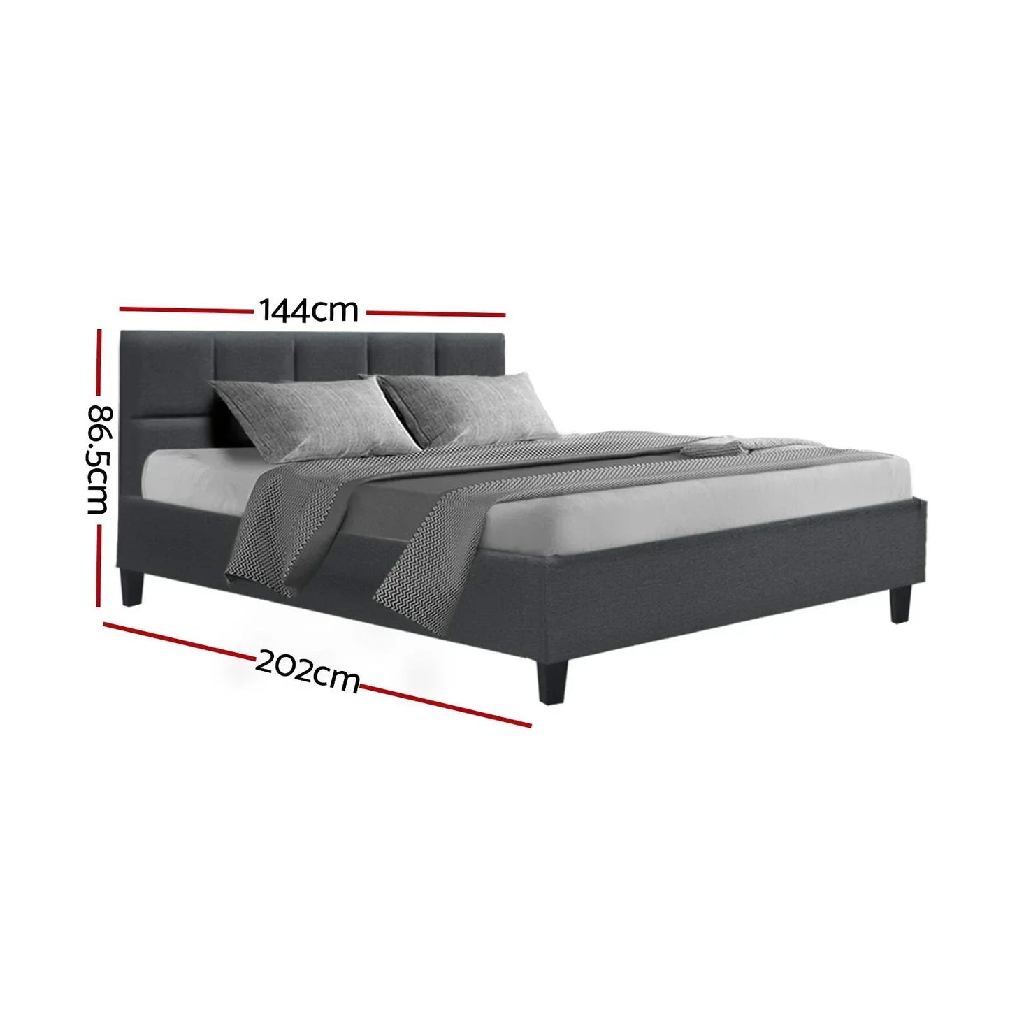 Modern upholstered double bed frame in dark grey fabric with headboard, 202x144x86.5cm