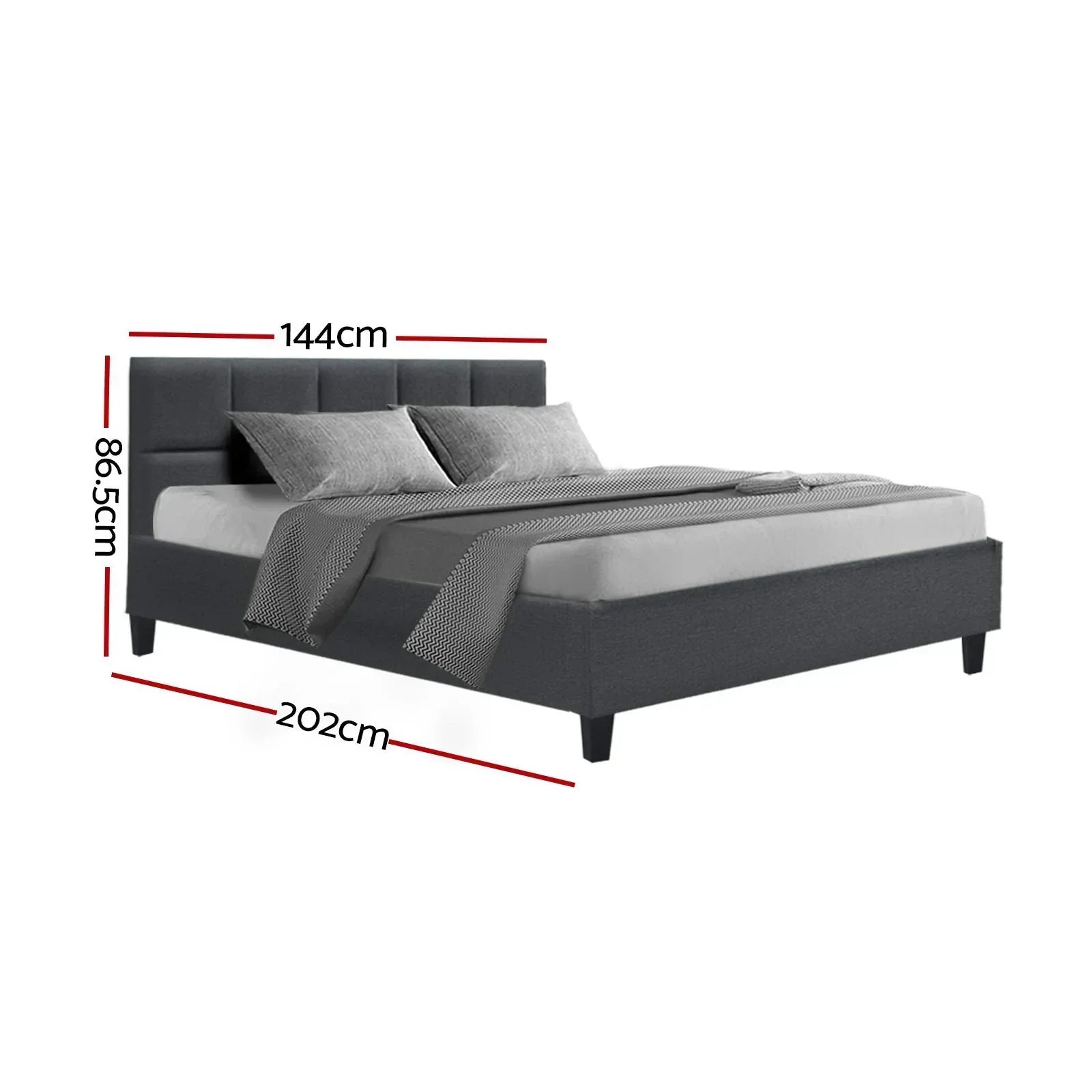 Modern upholstered double bed frame in dark grey fabric with headboard, 202x144x86.5cm