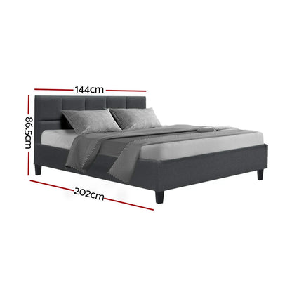 Modern upholstered double bed frame in dark grey fabric with headboard, 202x144x86.5cm
