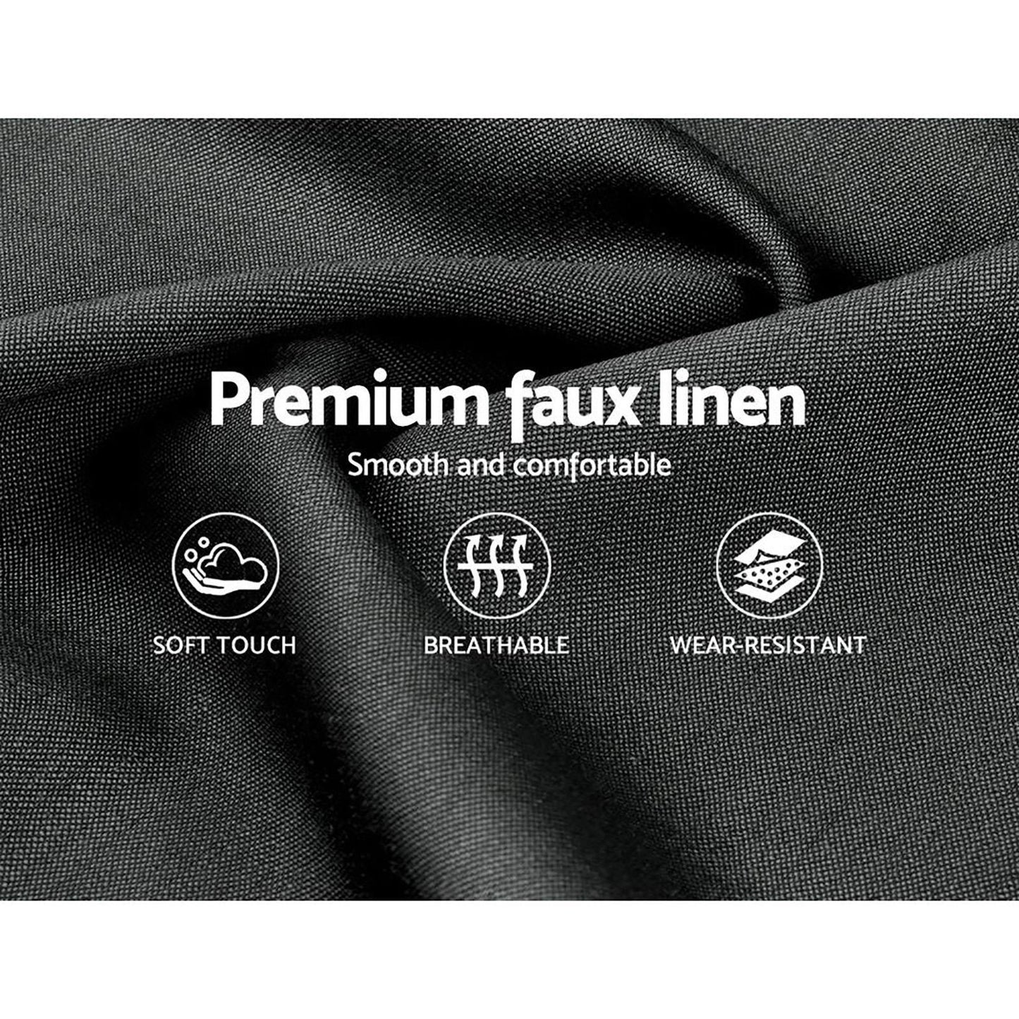 Black premium faux linen fabric closeup, highlighting soft touch, breathable, wear-resistant features