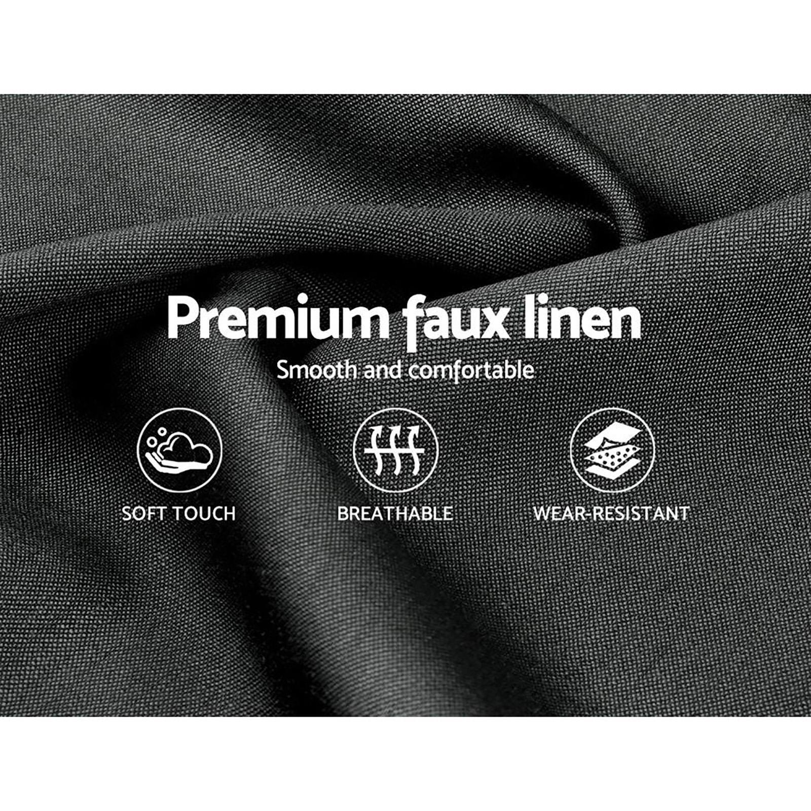 Black premium faux linen fabric closeup, highlighting soft touch, breathable, wear-resistant features