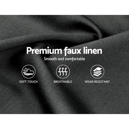 Black premium faux linen fabric closeup, highlighting soft touch, breathable, wear-resistant features