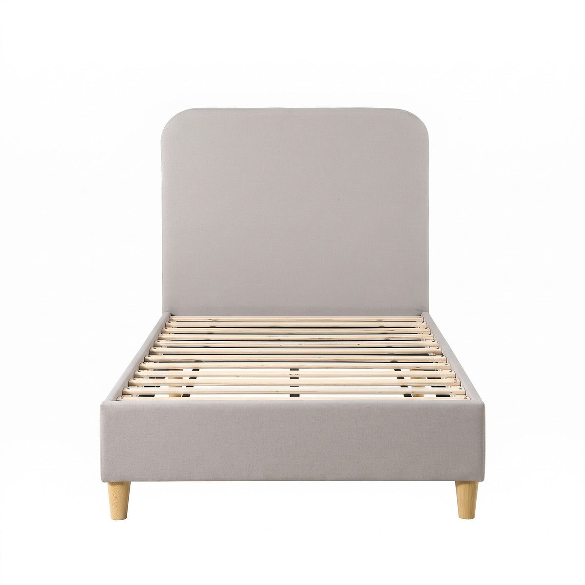 Grey faux linen King Single bed frame shown at an angle