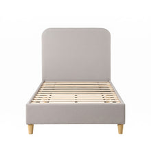 Grey faux linen King Single bed frame shown at an angle