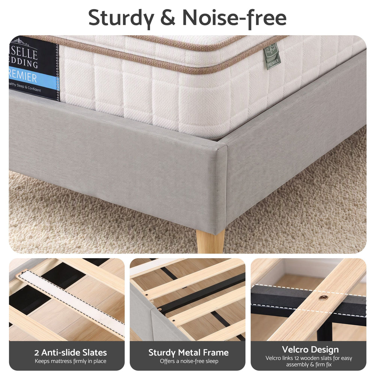 Reinforced timber slat base of the Artiss Vic King Single bed frame
