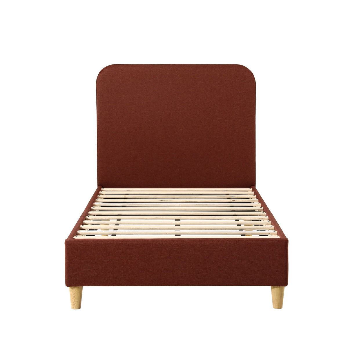 Brown faux linen King Single bed frame shown at an angle