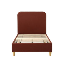 Brown faux linen King Single bed frame shown at an angle