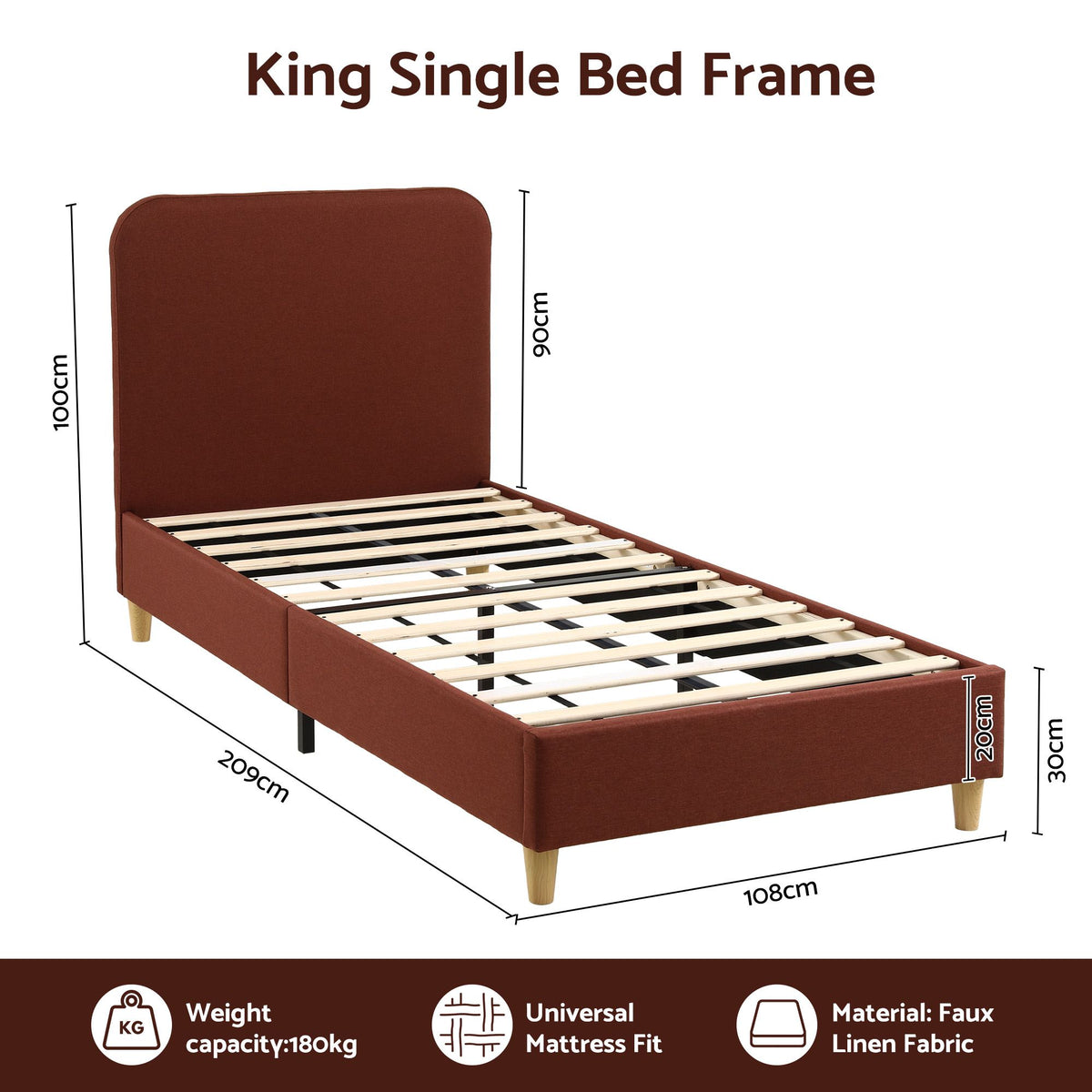 Padded headboard detail on the Artiss Vic brown King Single bed frame