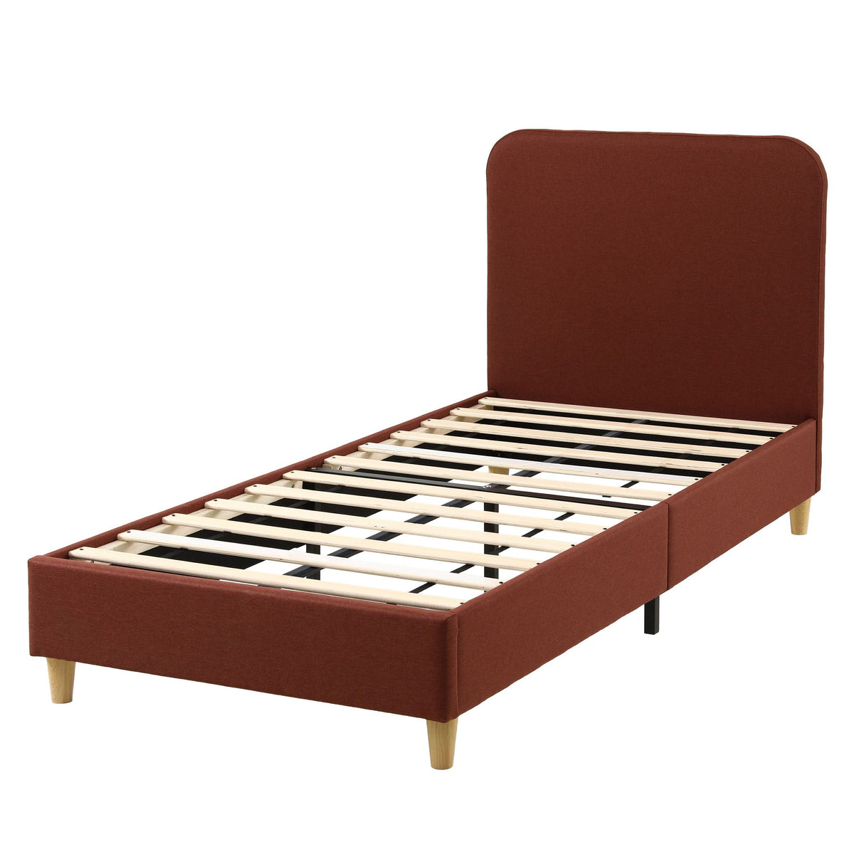 Close-up of the brown faux linen upholstery on the Artiss Vic bed frame