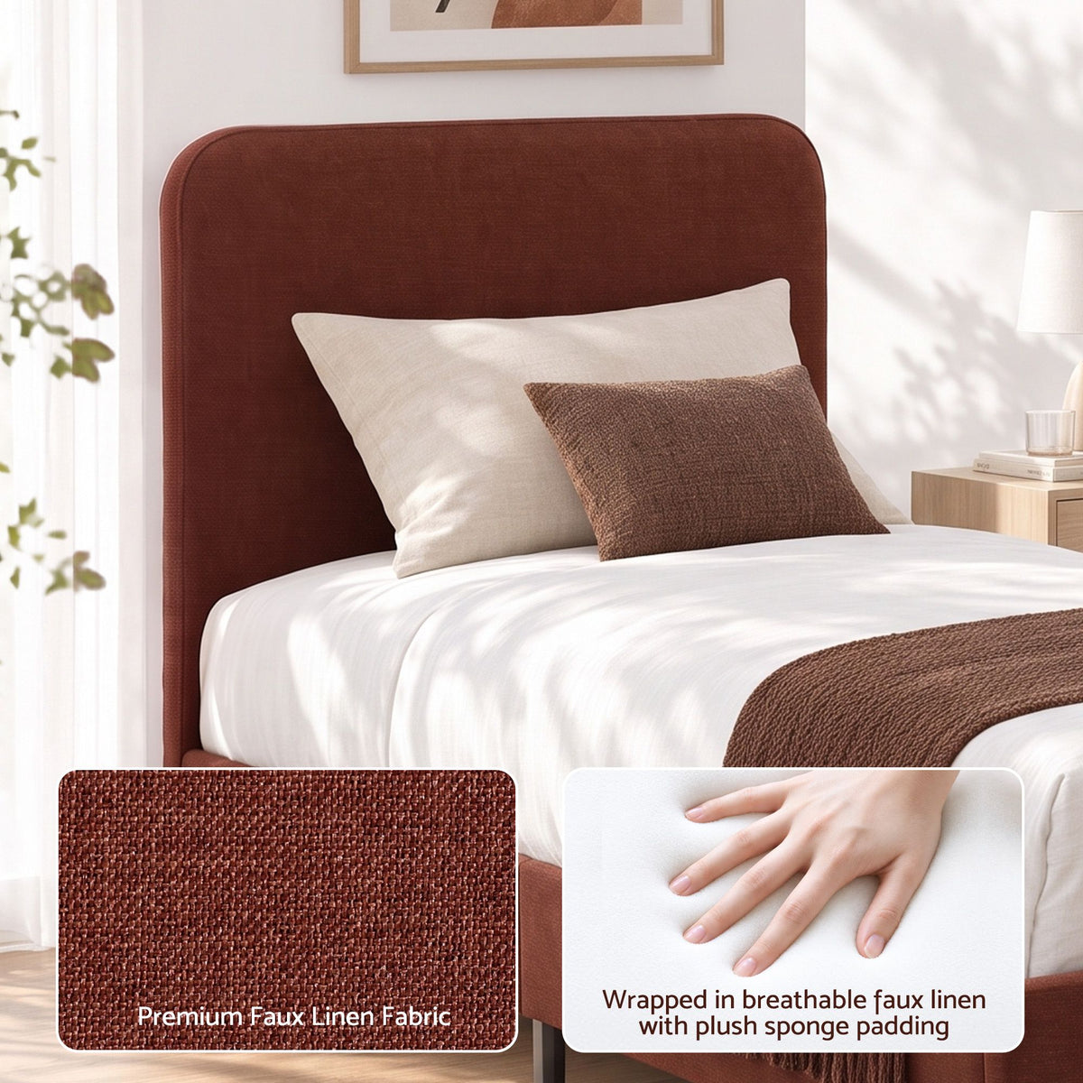 Side profile of the brown Artiss Vic King Single upholstered bed frame