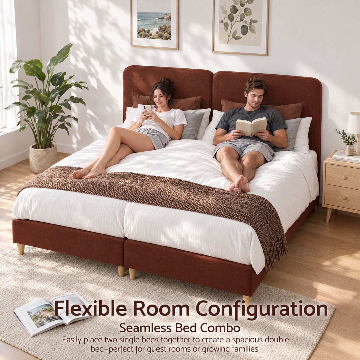 Measurement guide for the brown Artiss Vic King Single bed frame, 209 x 108 x 100cm