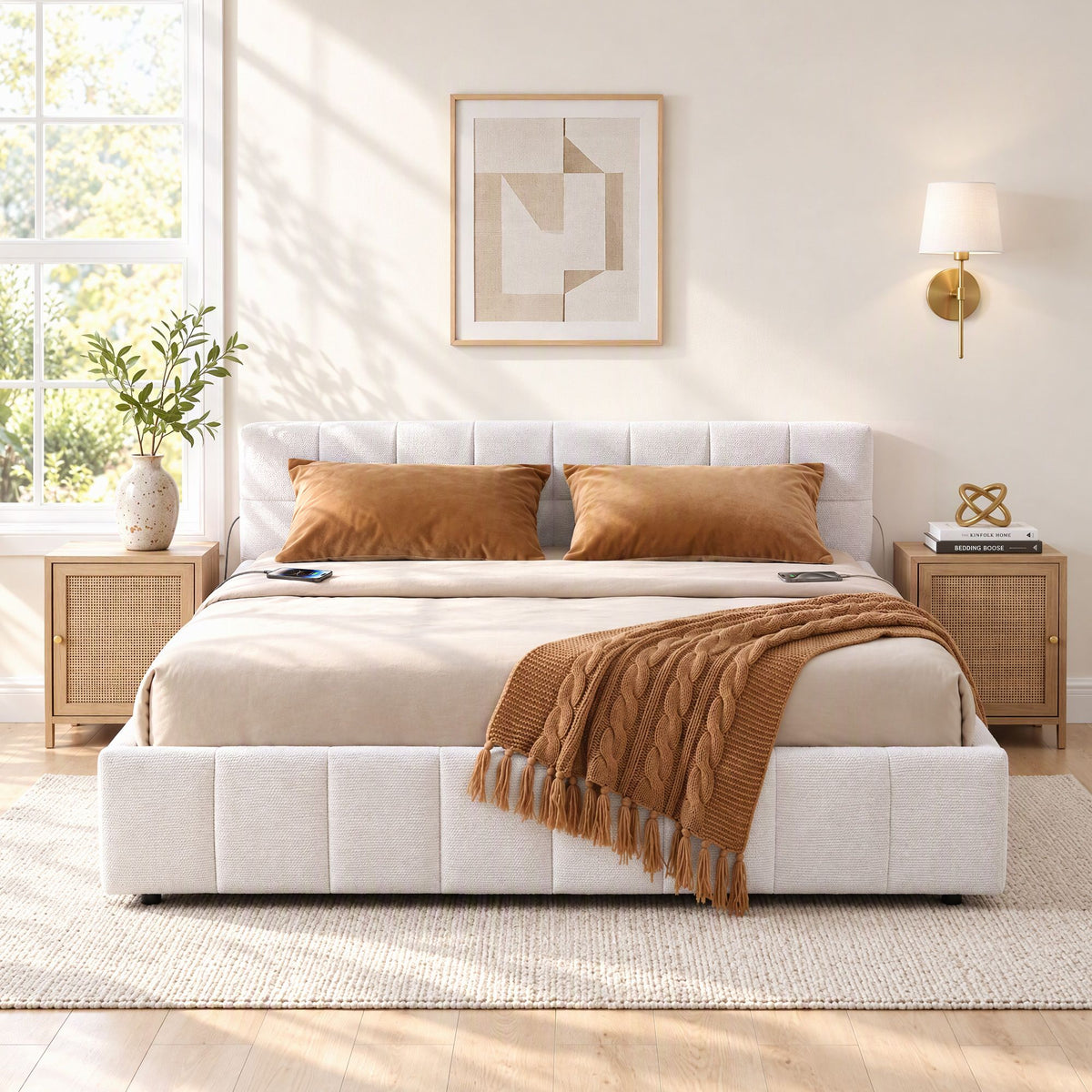 Artiss Puff double bed frame in white chenille with tufted headboard