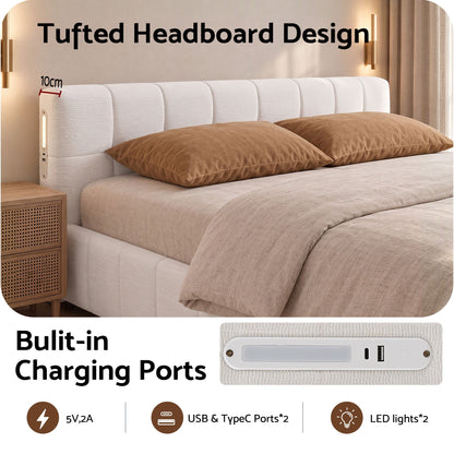 Close-up of the white chenille upholstery on the Artiss Puff king bed frame