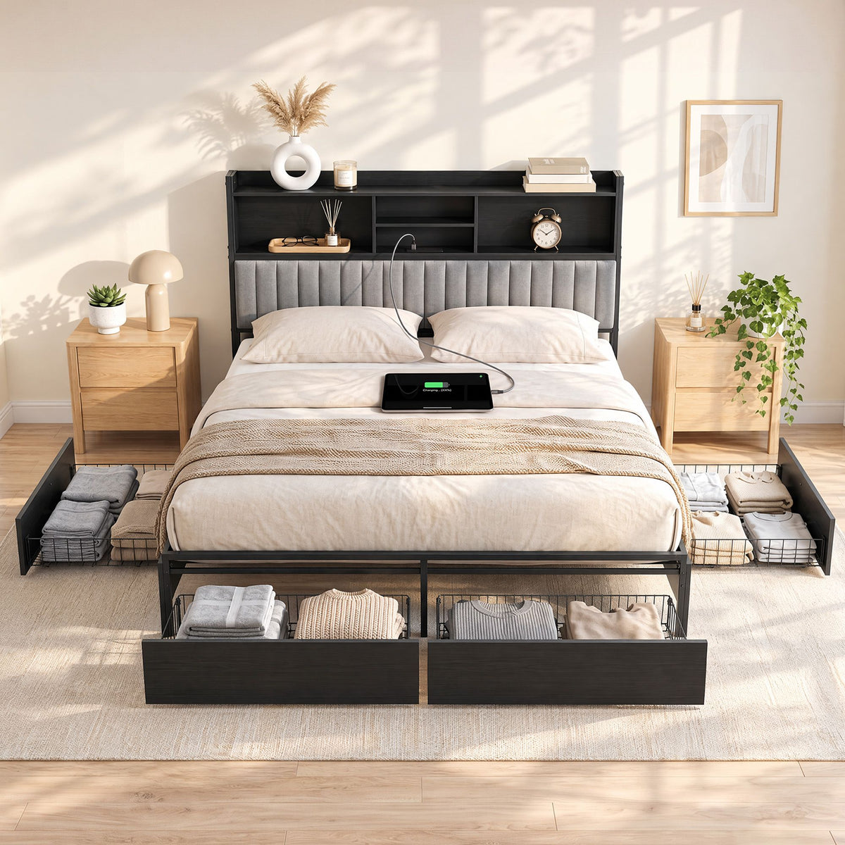 Artiss AXIS king storage bed frame with four wheeled underbed drawers