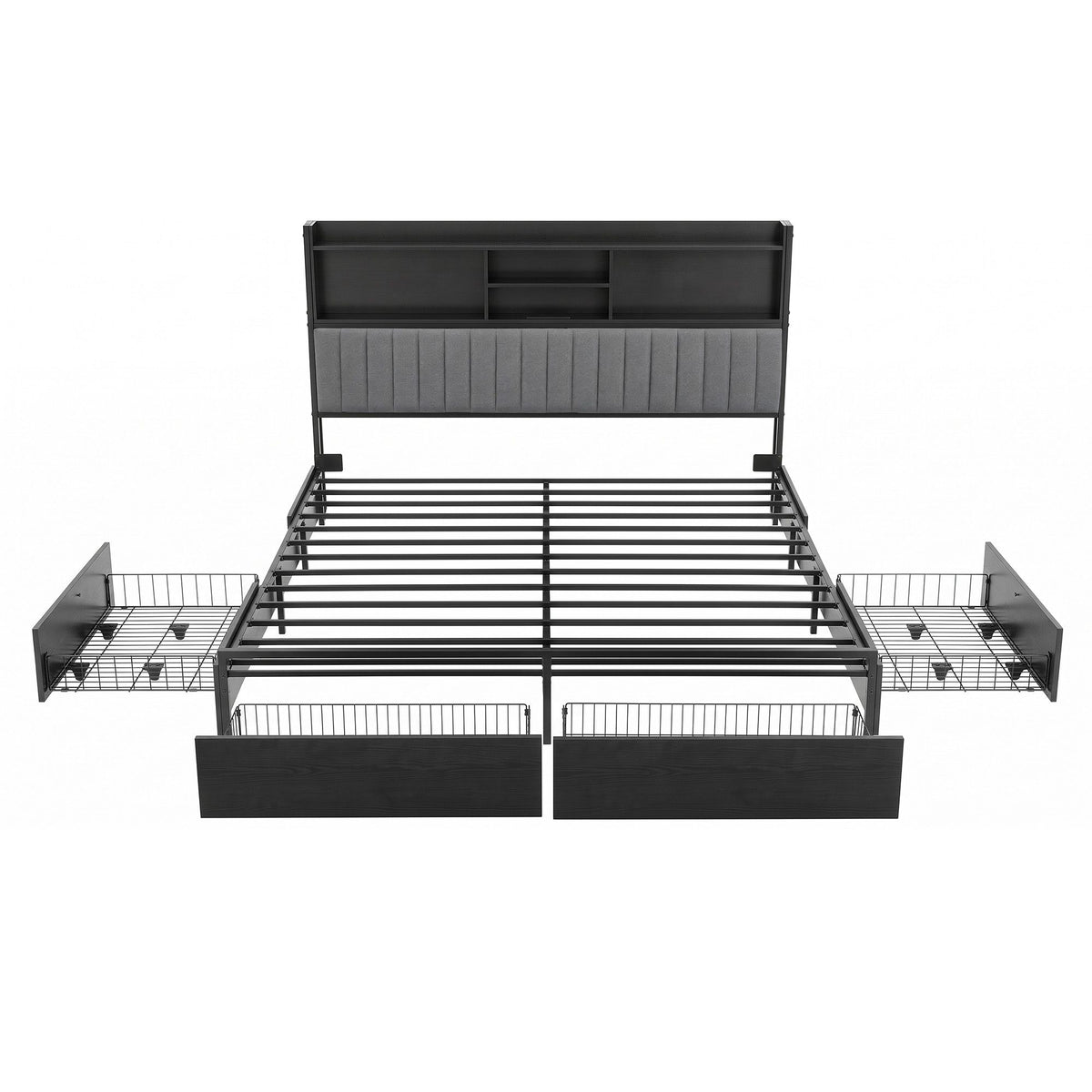 King bed frame with a grey faux linen upholstered padded headboard