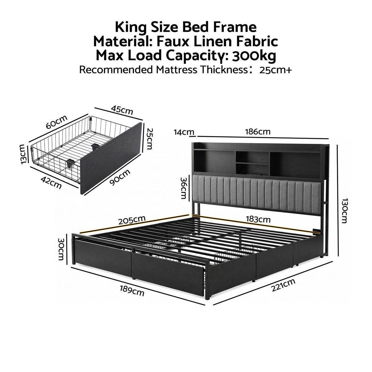 Open headboard compartments on an Artiss AXIS king storage bed frame