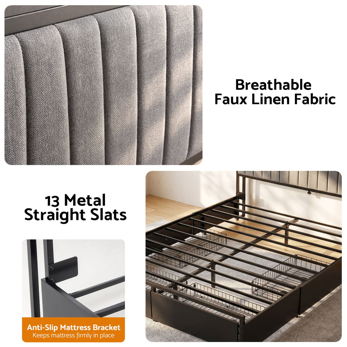 King storage bed frame measuring 221cm x 189cm x 130cm overall