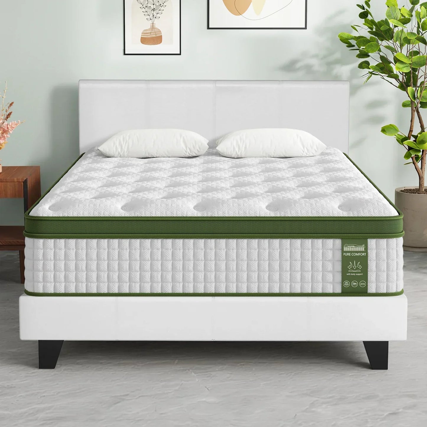 Queen size mattress on bed frame in modern bedroom with pillows and potted plant