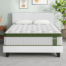 Queen size mattress on bed frame in modern bedroom with pillows and potted plant