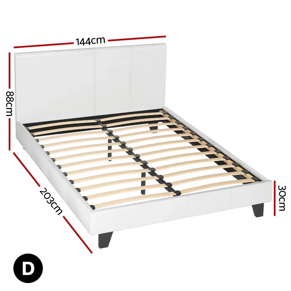 White bed frame with slats, black legs, and dimensions labeled 144x203x88x30 cm