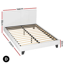 White bed frame with slats, black legs, and dimensions labeled 144x203x88x30 cm