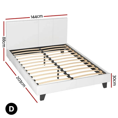 White bed frame with slats, black legs, and dimensions labeled 144x203x88x30 cm