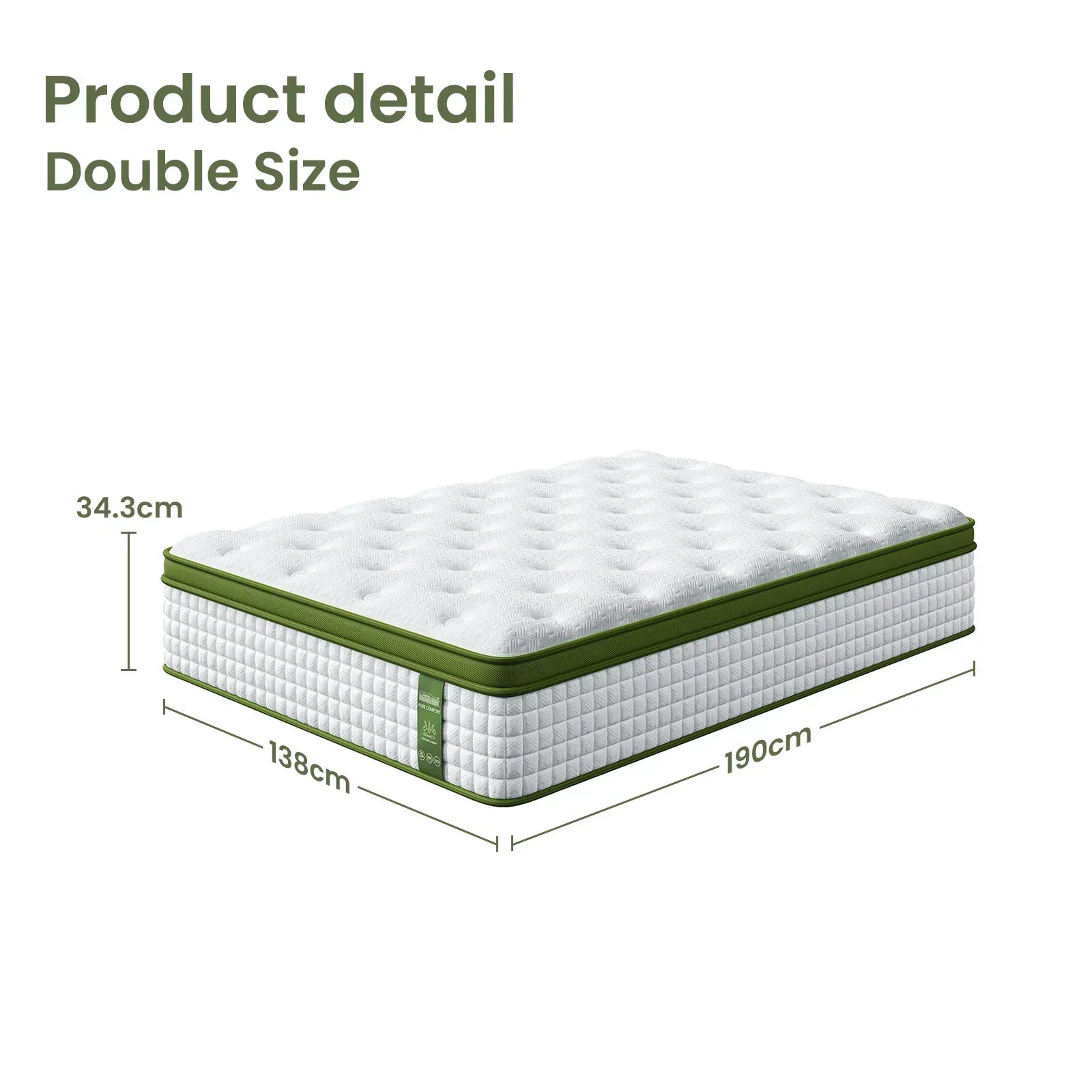 Double size mattress with green trim, dimensions 138cm x 190cm x 34.3cm, product detail view