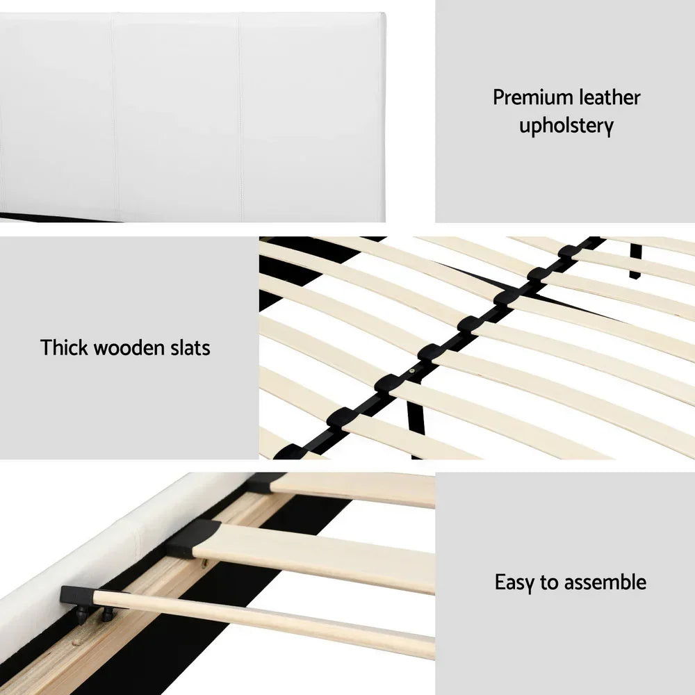 Modern bed frame with white leather upholstery, thick wooden slats, and easy assembly features.