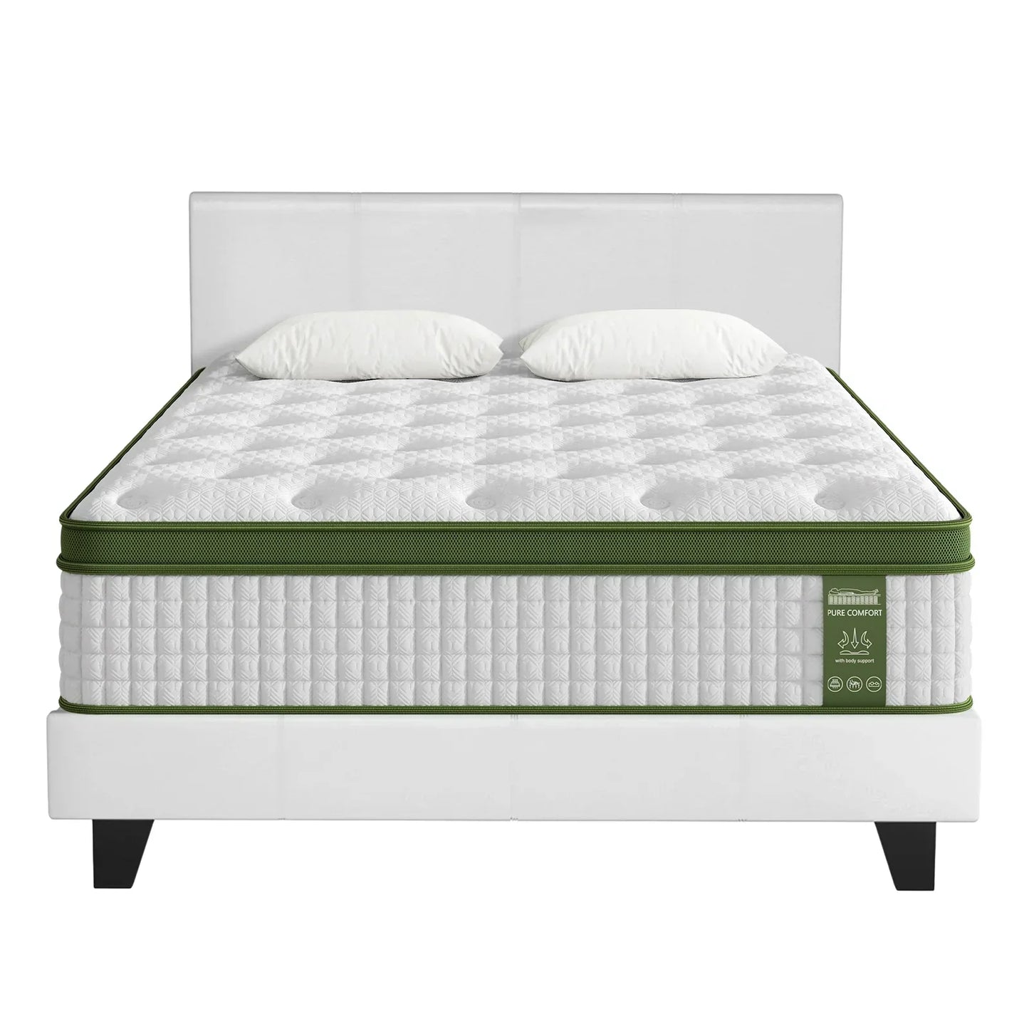 Queen size white mattress with green trim and two pillows on a modern white bed frame