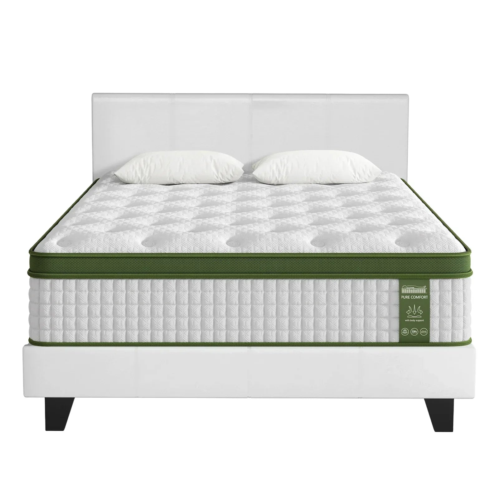 Queen size white mattress with green trim and two pillows on a modern white bed frame