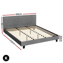 Grey upholstered king bed frame with wooden slats, headboard, and size dimensions in centimeters