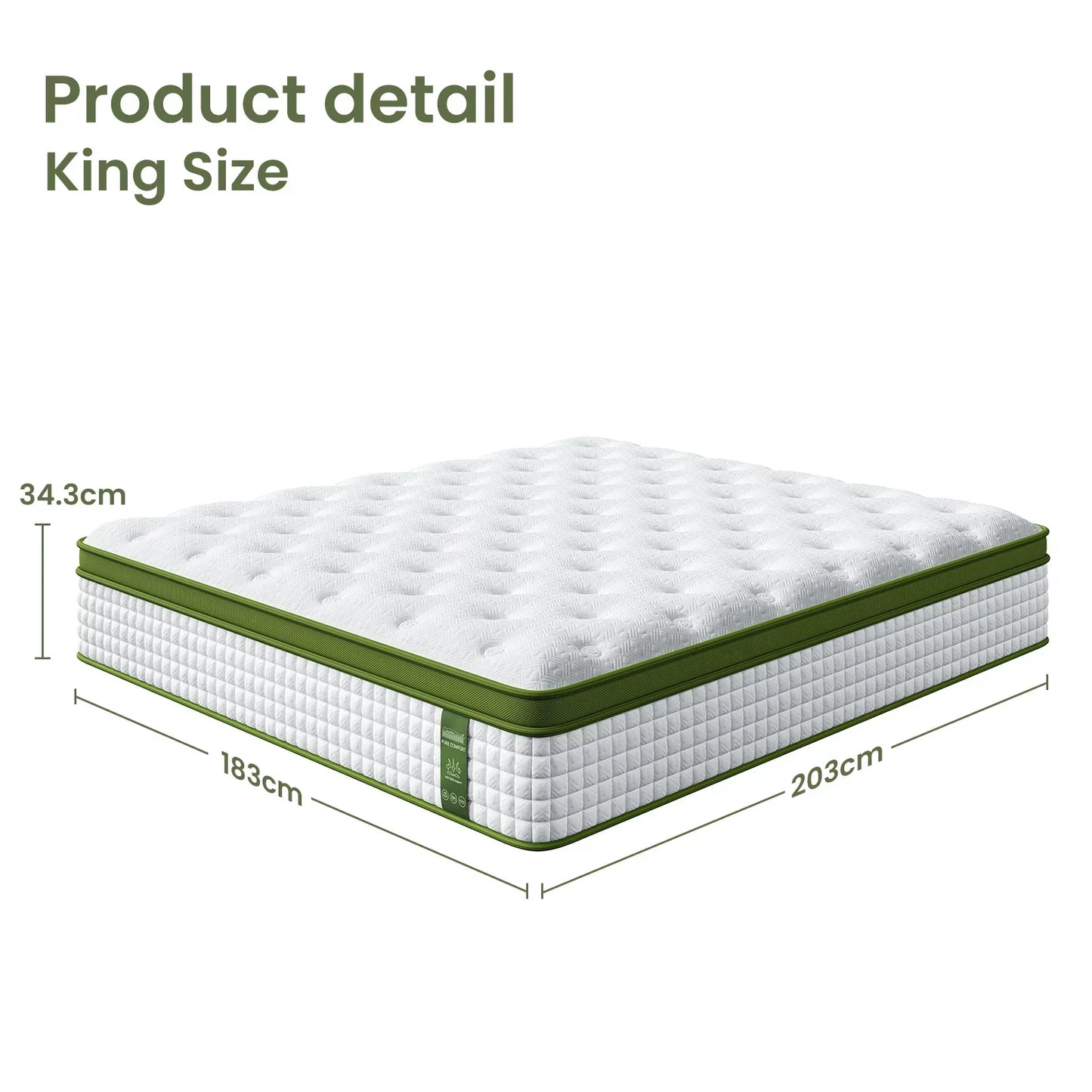 King size mattress with white quilted top, green trim, and dimensions 183x203x34.3cm.