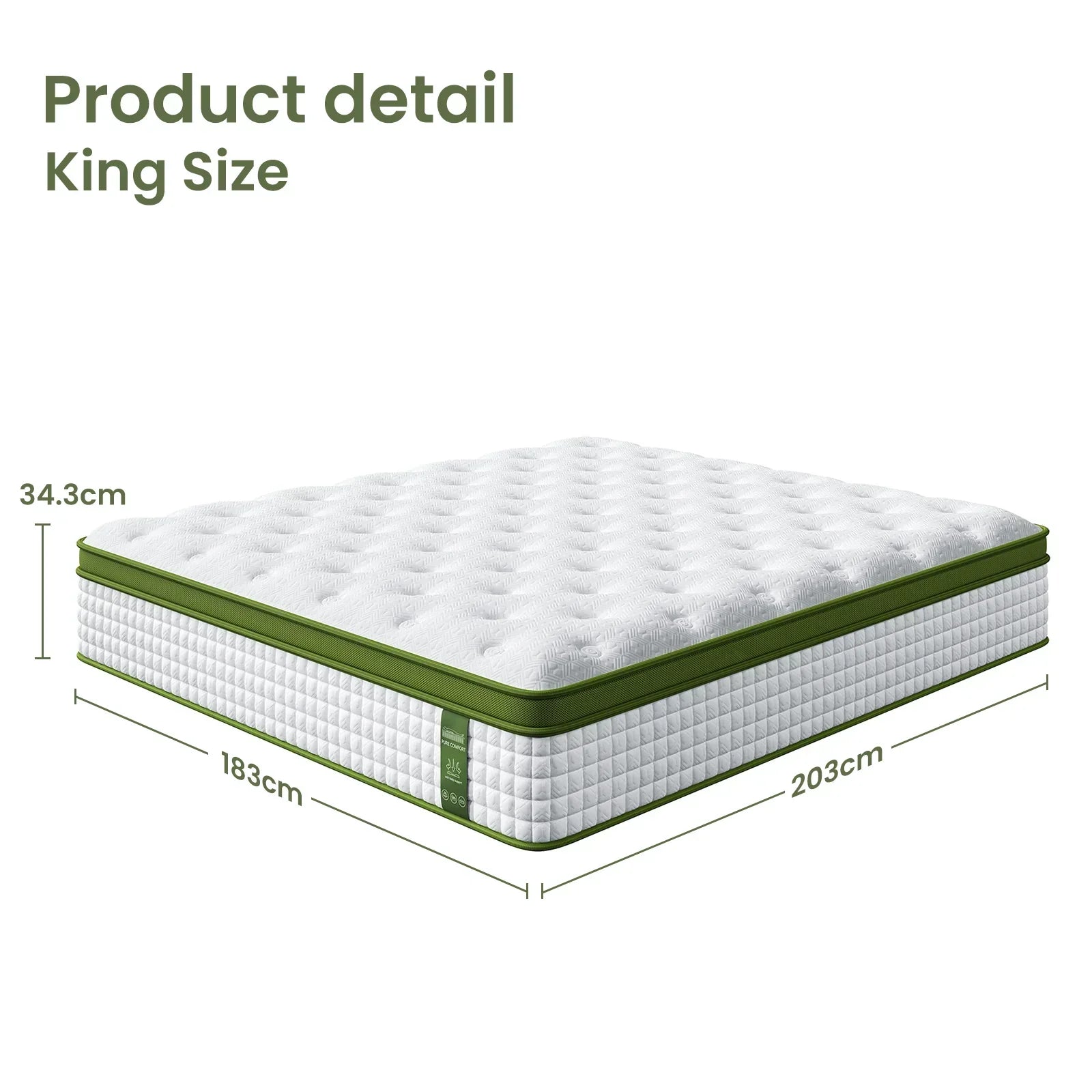King size mattress with white quilted top, green trim, and dimensions 183x203x34.3cm.
