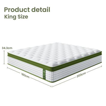 King size mattress with white quilted top, green trim, and dimensions 183x203x34.3cm.