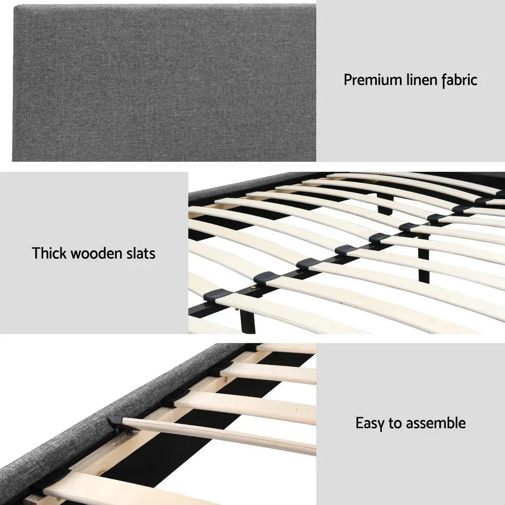 Grey fabric bed frame with premium linen, sturdy wooden slats, and easy assembly design.