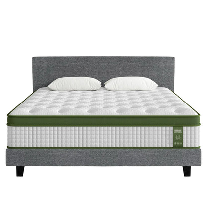 Queen size bed with grey upholstered frame and white pillow-top mattress with green trim