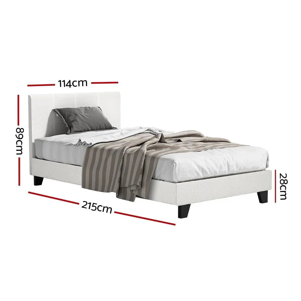 Modern white bed frame with headboard, striped blanket, and size dimensions labeled