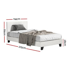 Modern white bed frame with headboard, striped blanket, and size dimensions labeled