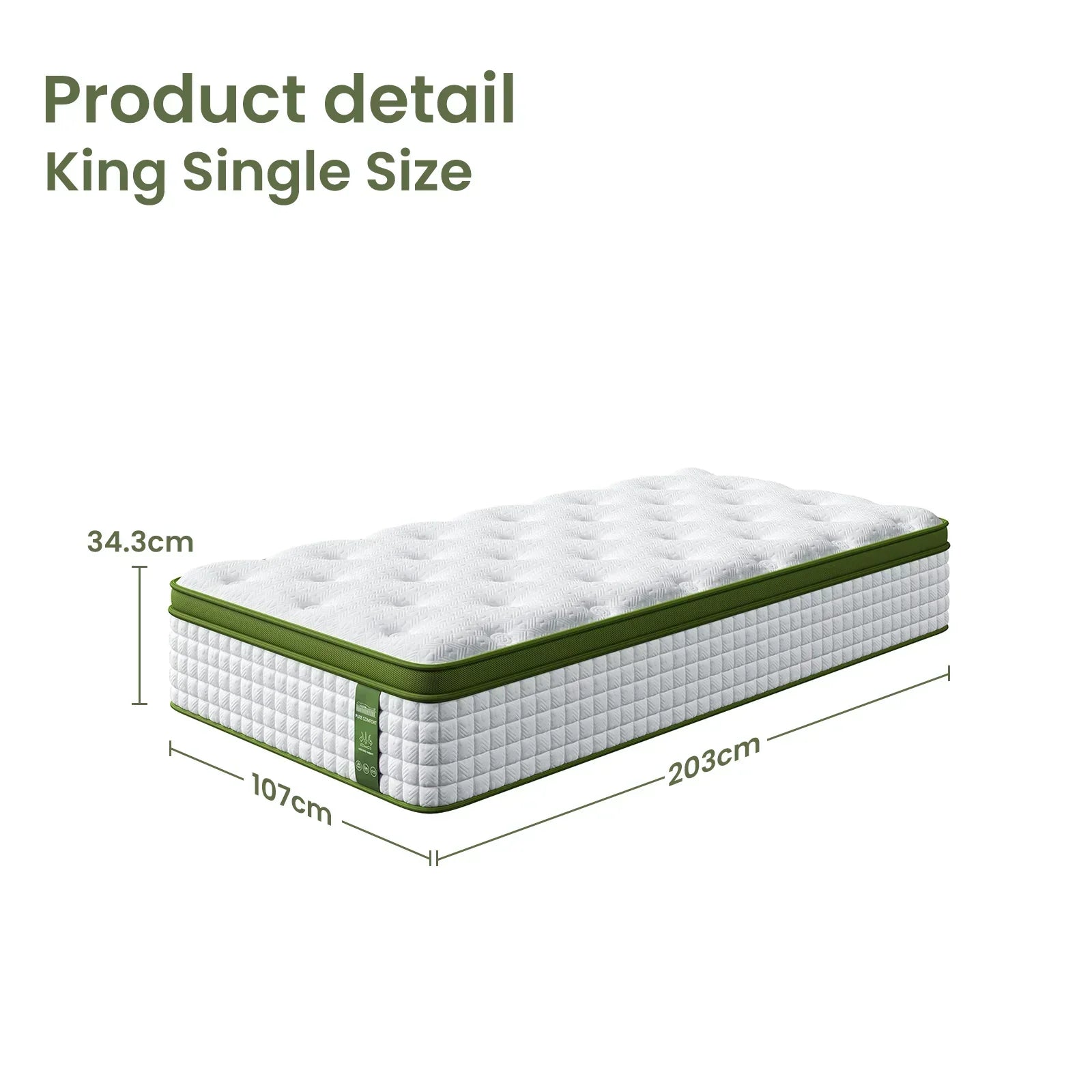 King single size mattress with green trim, dimensions 203x107x34.3 cm, tufted top