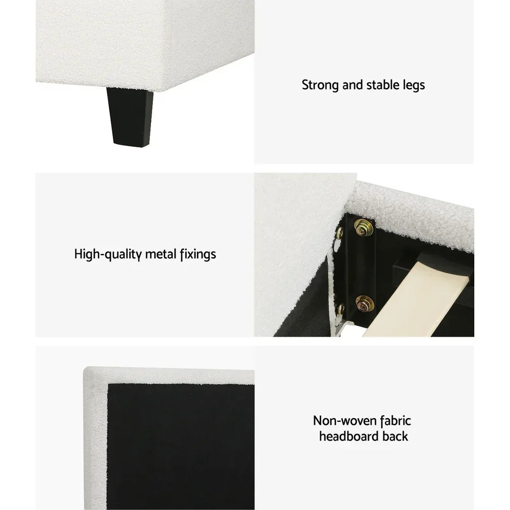 Bed frame details with strong legs, metal fixings, and non-woven fabric headboard back.