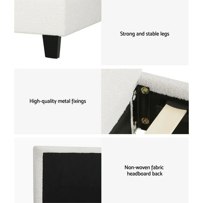 Bed frame details with strong legs, metal fixings, and non-woven fabric headboard back.