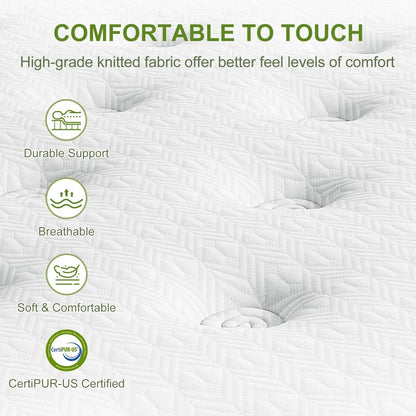 White mattress with textured surface, durable support, breathable and CertiPUR-US certified.