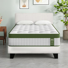 Queen size memory foam mattress with green trim on modern bed frame in bright bedroom