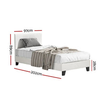 Single bed frame with headboard, white upholstery, and dimensions marked in centimeters.