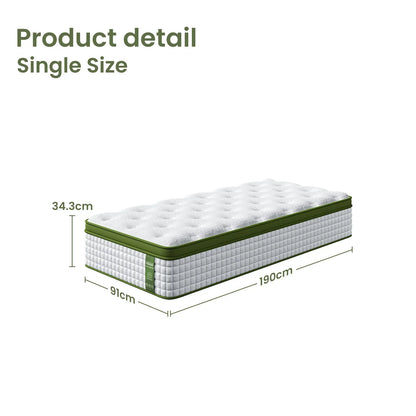 Single size mattress with green trim, 91cm x 190cm x 34.3cm, product dimensions shown