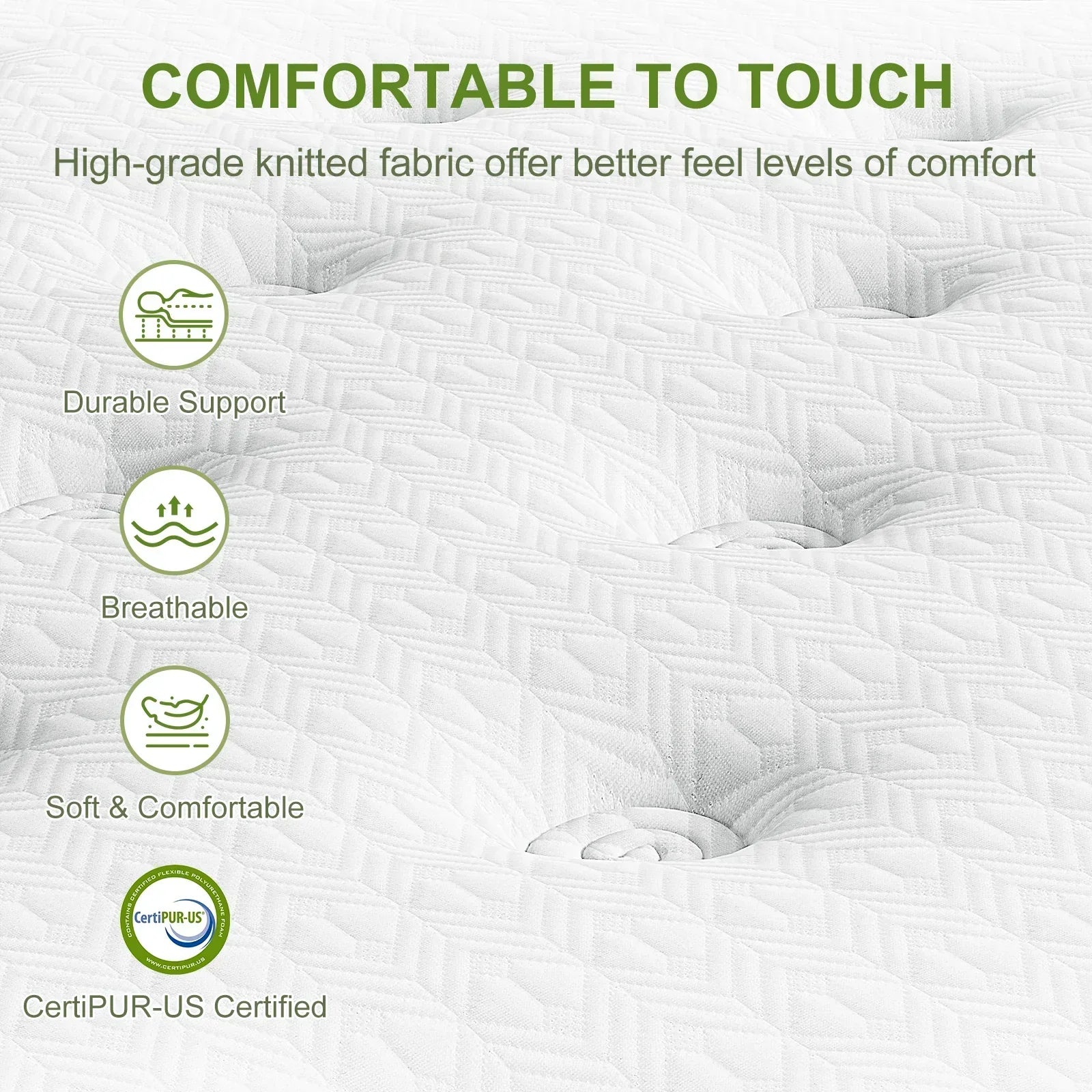 White mattress close-up with textured pattern, highlighting soft, durable, breathable fabric.