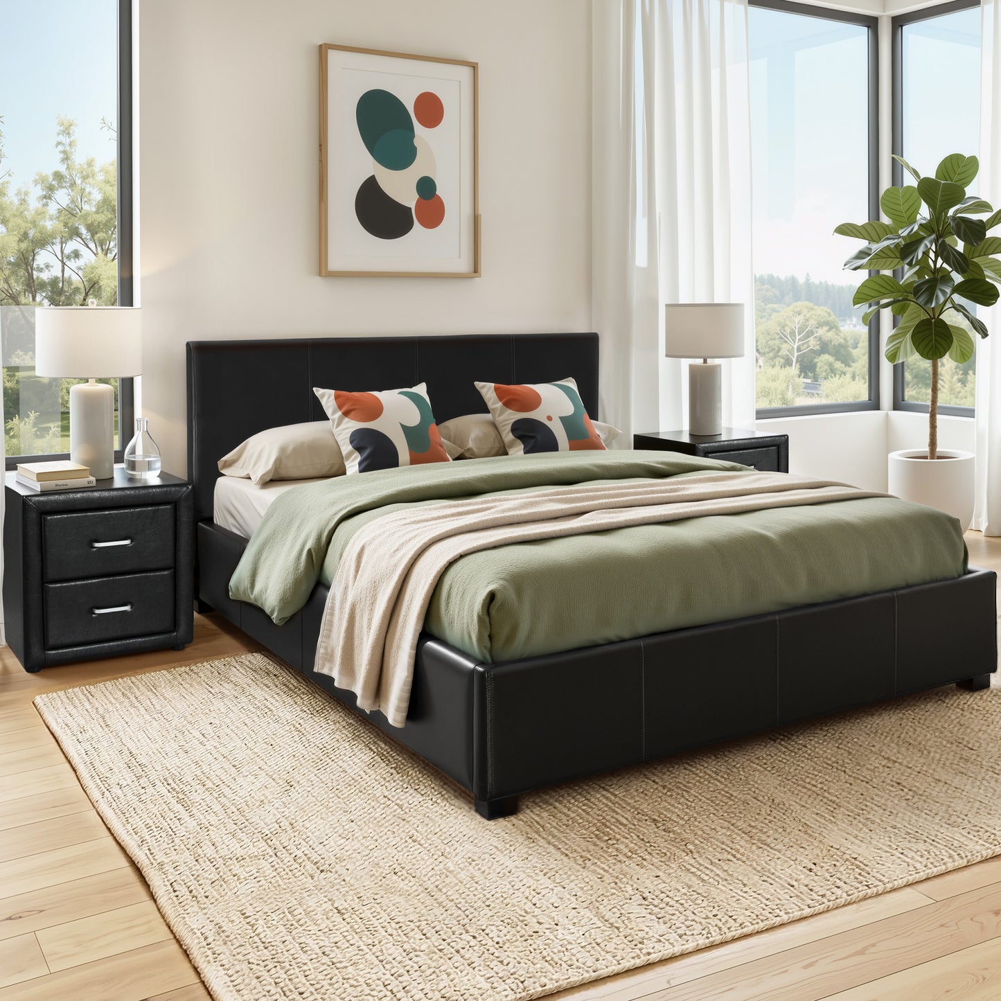 Modern black leather bed frame with matching nightstands, cozy bedding, and abstract art in bright bedroom